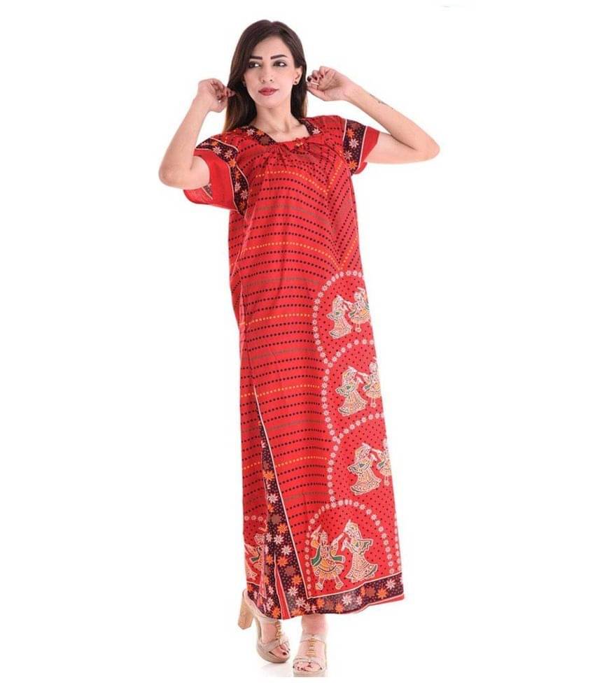 Raj Cotton Nighty & Night Gowns - Red Single Raj Cotton Nighty & Night Gowns - Red Single