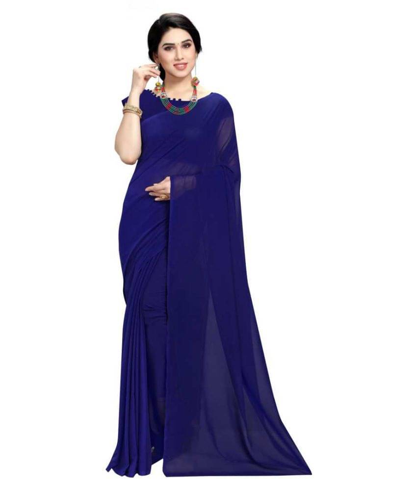 ANAND SAREES Georgette Solid Saree With Unstitched Blouse Piece ( Blue ) ANAND SAREES Georgette Solid Saree With Unstitched Blouse Piece ( Blue )