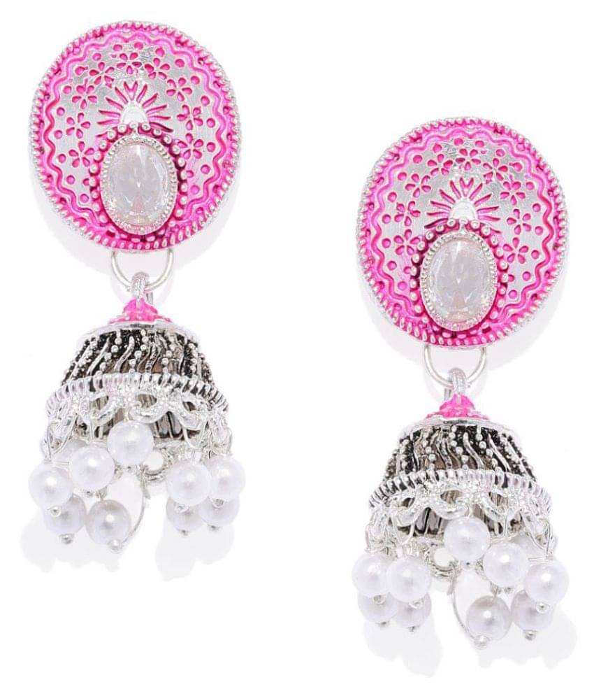     			Spargz Oval Alloy Silver Oxidize Plated AD Stone Jhumki Earring For Women TER_232