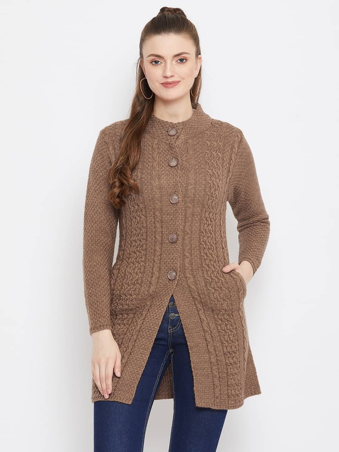 zigo Women Woollen Round Neck Cardigan ( Brown ) zigo Women Woollen Round Neck Cardigan ( Brown )