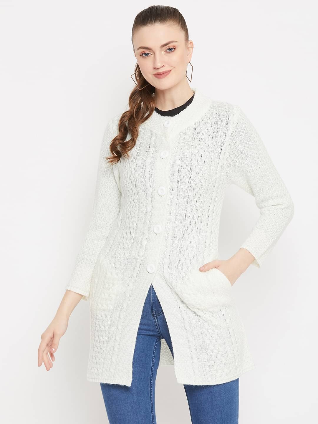     			zigo Woollen White Buttoned Cardigans - Single