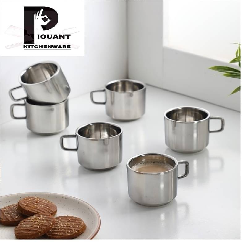     			PIQUANT KITCHENWARE Steel Tea Plain Double Walled Tea Cup 6 Pcs 90 ml