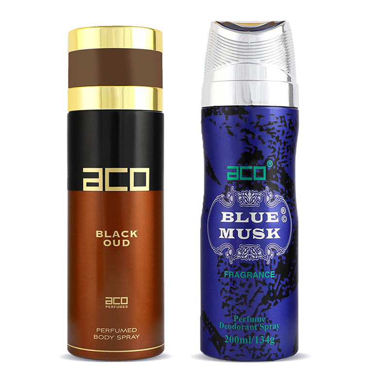     			Aco Set of 2 Deodorant Body Spray, Black Oud and Blue Musk For Men, 200ml Each
