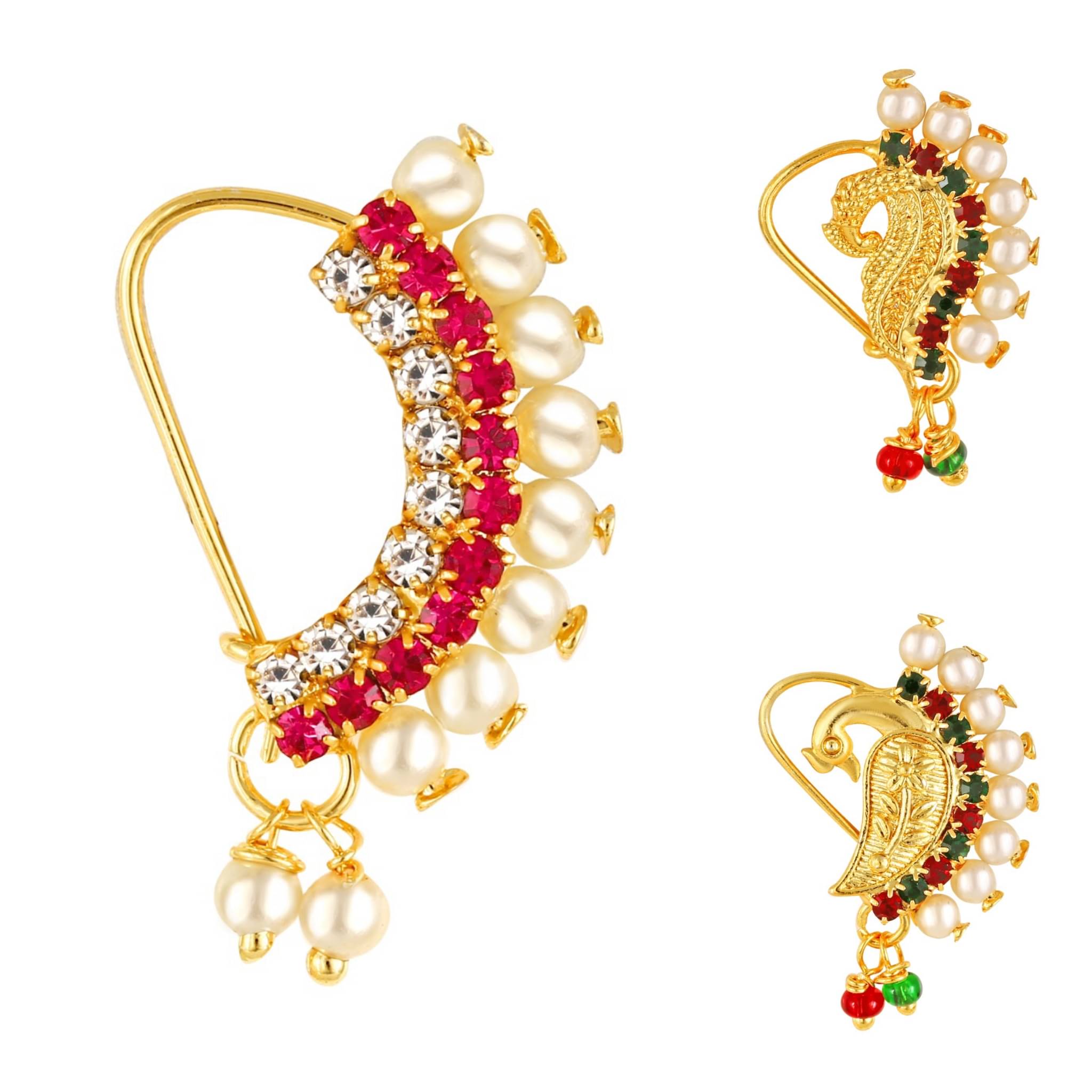     			Vighnaharta Piercing Gold Plated Mayur design with Pearls and AD Stone Alloy Maharashtrian Nath Nathiya./ Nose Pin combo for women VFJ1010-1005-1009NTH-Tar