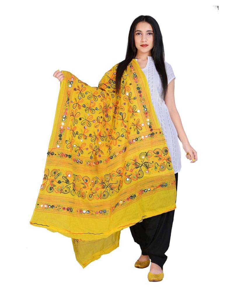 Raj Yellow Cotton Kutch Embroidered Dupatta - Single     			Raj Yellow Cotton Kutch Embroidered Dupatta - Single