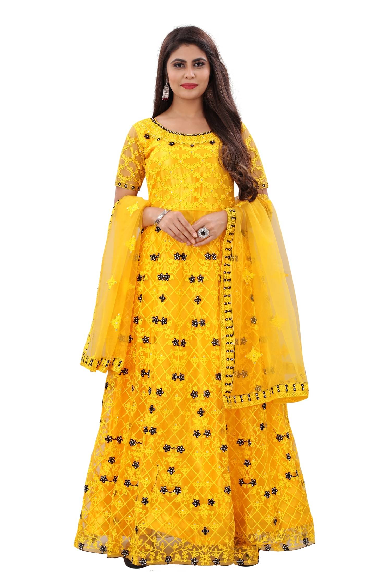     			Aika Yellow Net Ethnic Gown - Single