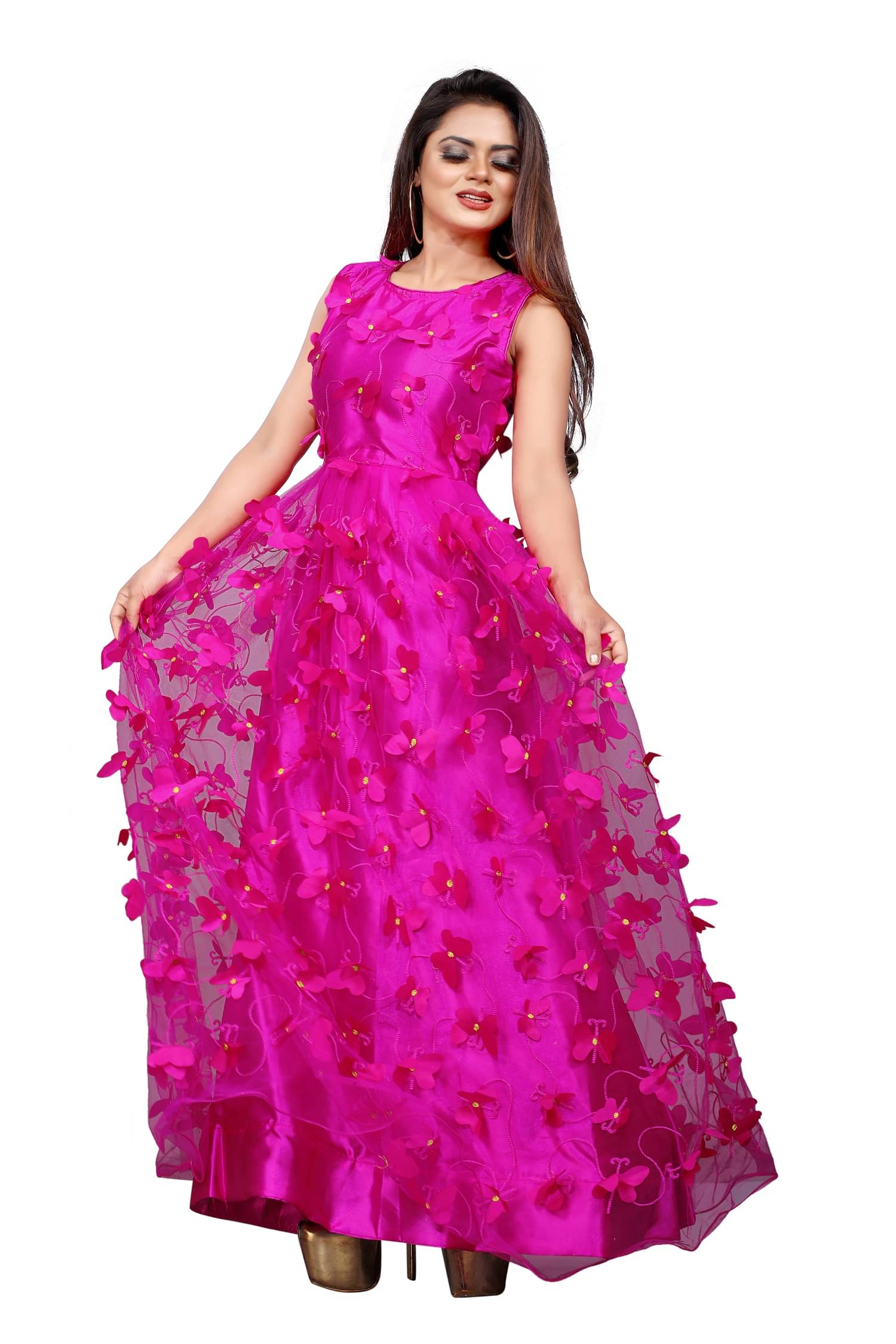     			Apnisha Pink Net Ethnic Gown - Single