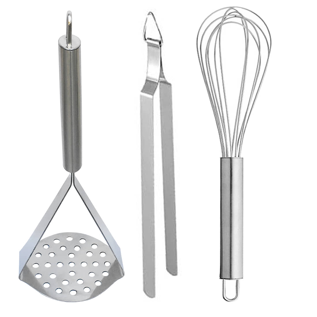 JISUN X3C Stainless Steel Potato Masher/Pav bhaji Masher and Egg Whisk/Egg Beater/Whiskers and Tong roti Sekne Chimta Silver Kitchen Tool Set  (Silver)