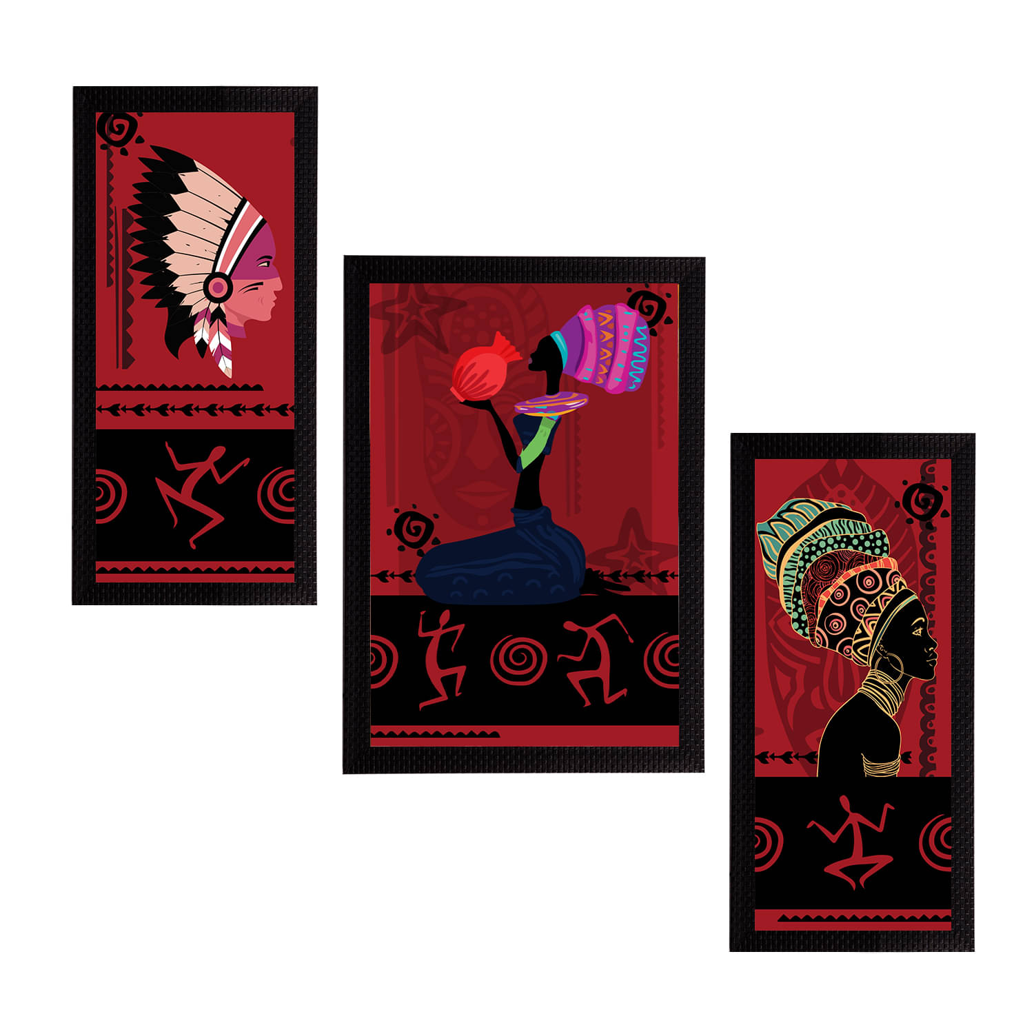 eCraftIndia Set of 3 Red & Black Tribal Theme Printed Satin Matt Textured UV Wall Art eCraftIndia Set of 3 Red & Black Tribal Theme Printed Satin Matt Textured UV Wall Art