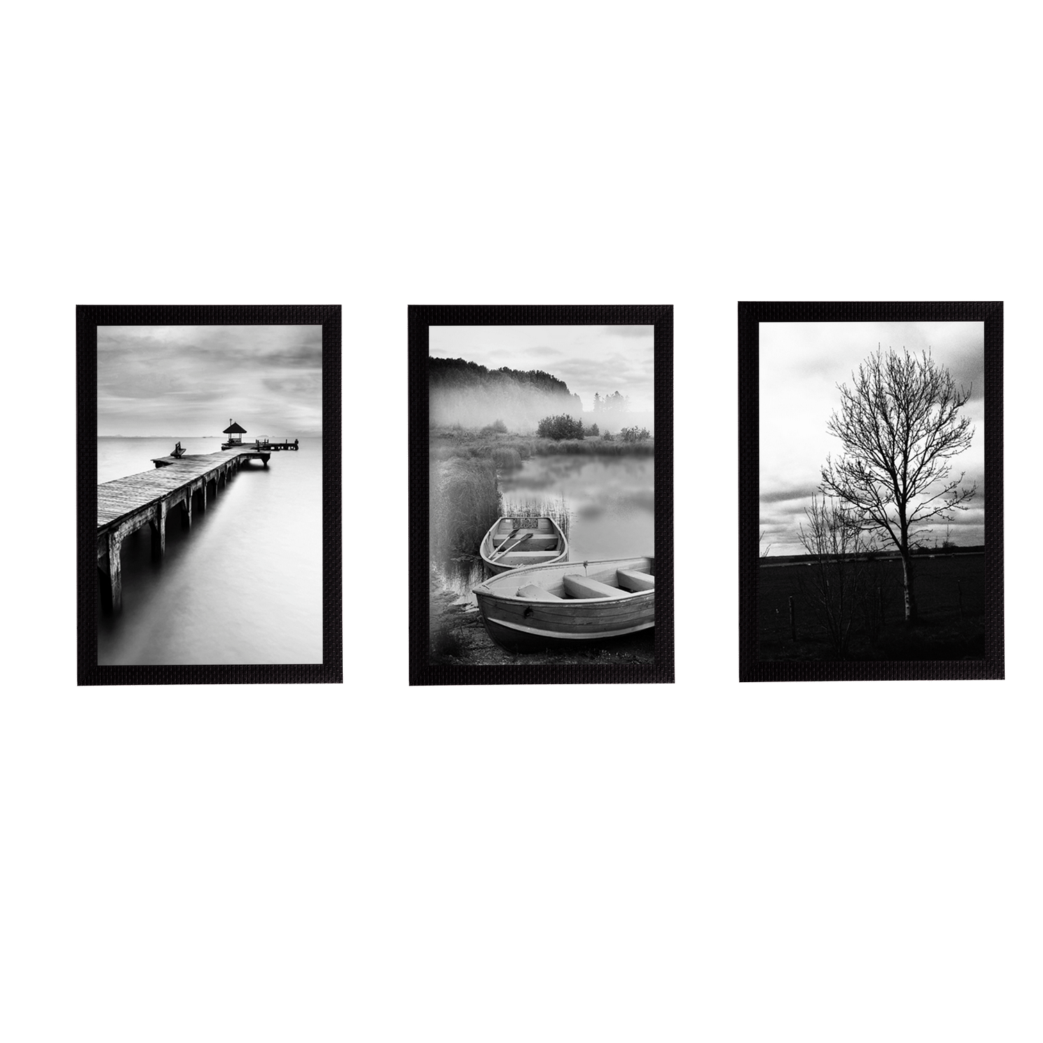 eCraftIndia Set of 3 Black and White River Shore Satin Matt Texture UV Art Painting eCraftIndia Set of 3 Black and White River Shore Satin Matt Texture UV Art Painting