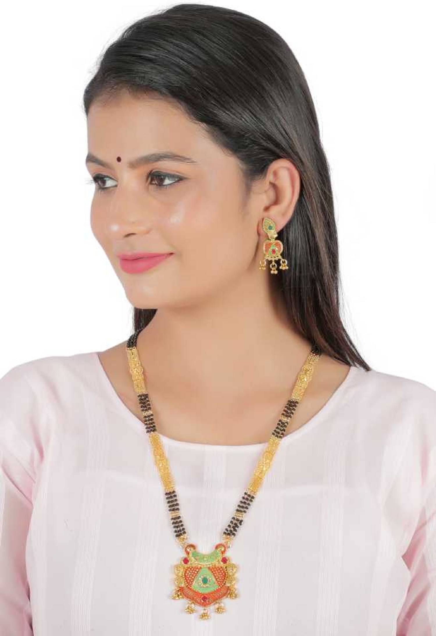 SONIJEWELLERY Traditional Ethnic One Gram Gold Plated 30 Inch Long Black Beads Latest Stylish Designer Pendant Golden Mangalsutra With Earring for Women SONIJEWELLERY Traditional Ethnic One Gram Gold Plated 30 Inch Long Black Beads Latest Stylish Designer Pendant Golden Mangalsutra With Earring for Women