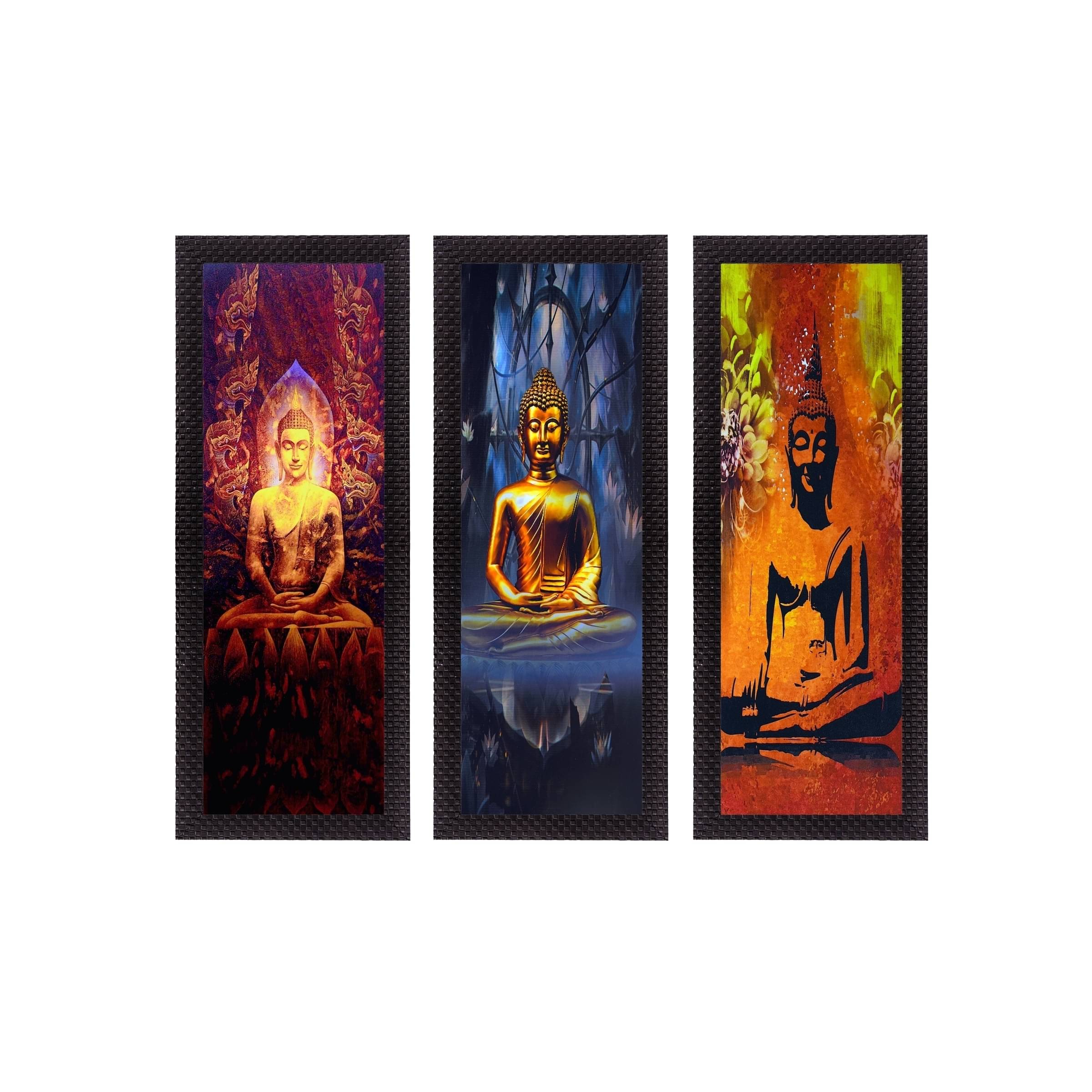     			eCraftIndia Set of 3 Orange & Blue Meditating Buddha Satin Matt Texture UV Wall Art