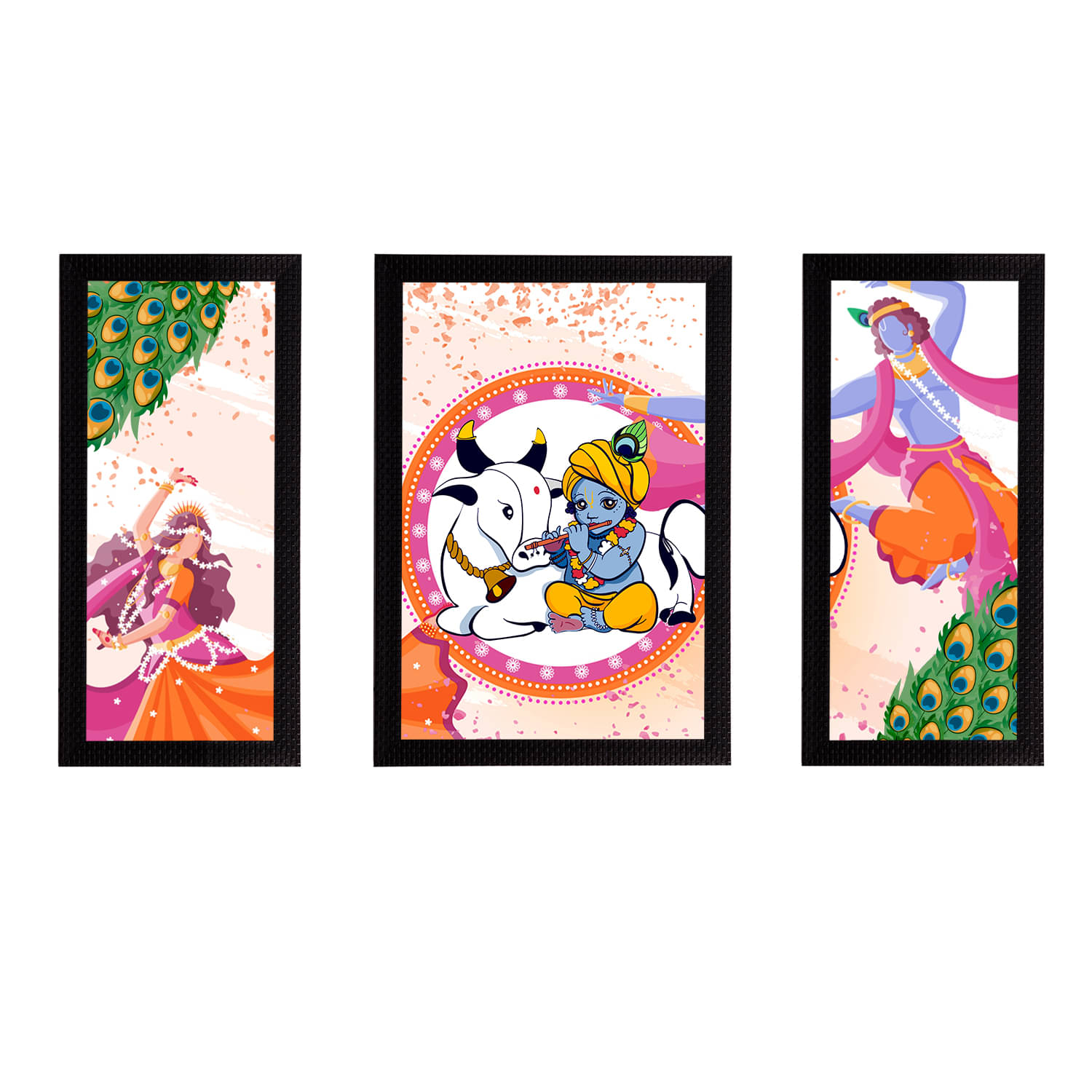     			eCraftIndia Set of 3 Pink & Blue Satin Matt Texture Lord Krishna & Radha UV Wall Arts