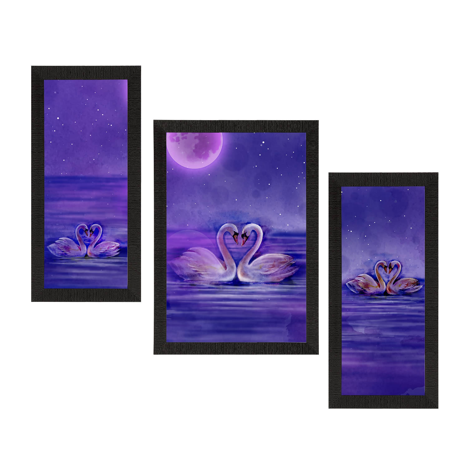    			eCraftIndia Set of 3 Purple & Black Loving Swan Couple Satin Matt Texture UV Art Painting