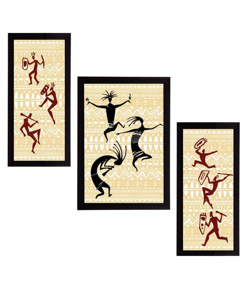     			eCraftIndia Set of 3 Multicoloured Satin Matt Texture Tribal UV Wall Art