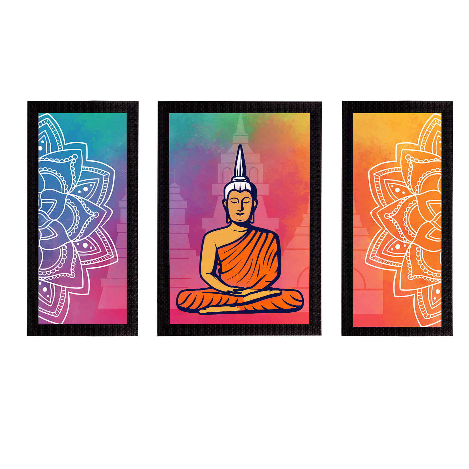     			eCraftIndia Set of 3 Orange & Purple Meditating Lord Buddha Satin Matt Textured UV Wall Paintings