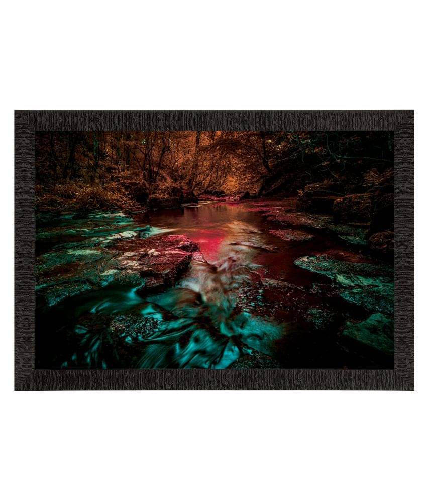     			eCraftIndia Black & Orange Waterfall View Satin Matte Texture UV Wall Painting