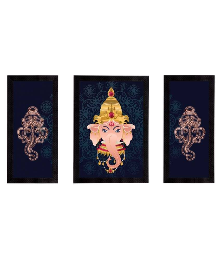     			eCraftIndia Set of 3 Navy Blue & Yellow UV Print Wall Arts