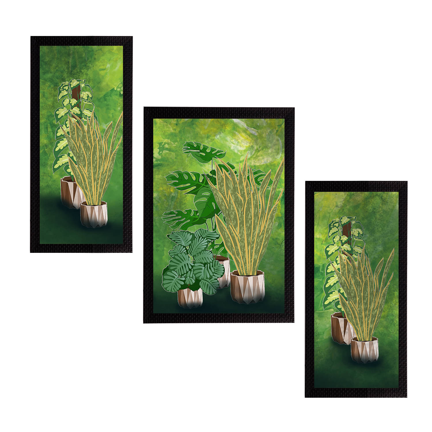     			eCraftIndia Set of 3 Green Satin Matt Texture Botanical UV Wall Art