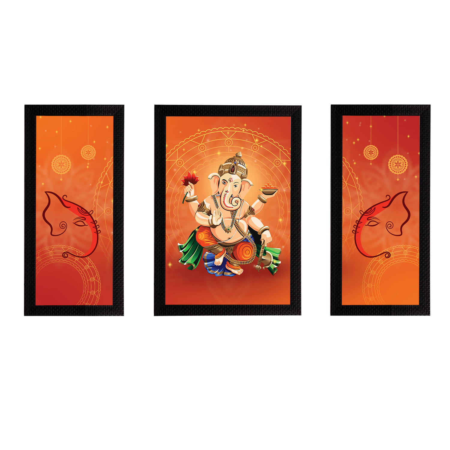     			eCraftIndia Set of 3 Orange & Red Lord Ganesha Satin Matt Texture UV Wall Arts