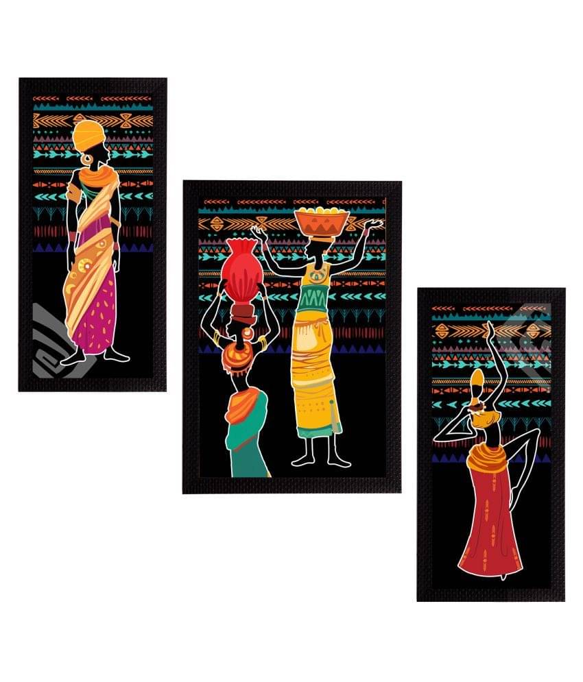     			eCraftIndia Set of 3 Black & Orange Tribal Theme Satin Matt Textured UV Wall Paintings