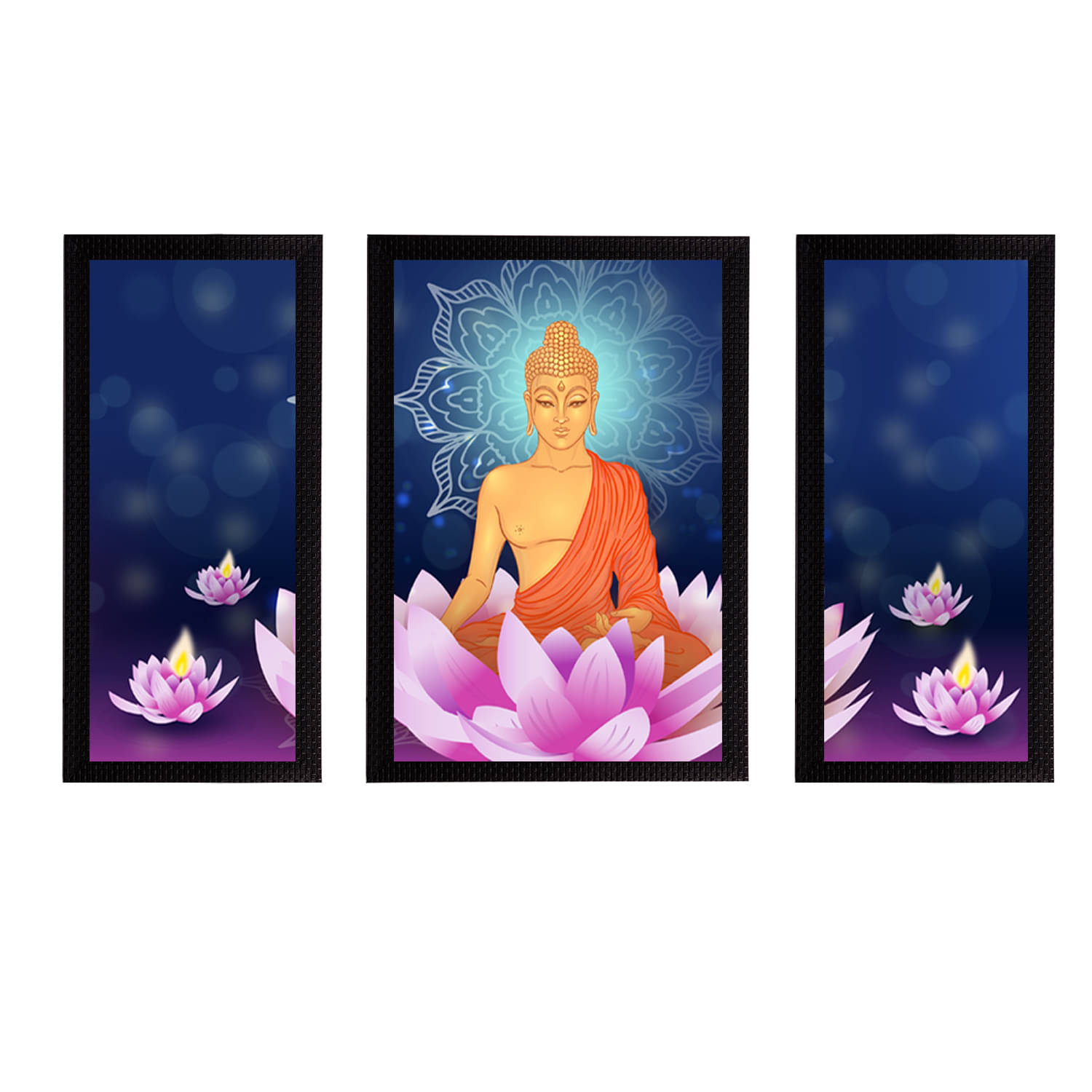     			eCraftIndia Set of 3 Blue & Orange Meditating Lord Buddha Satin Matt Textured UV Wall Paintings