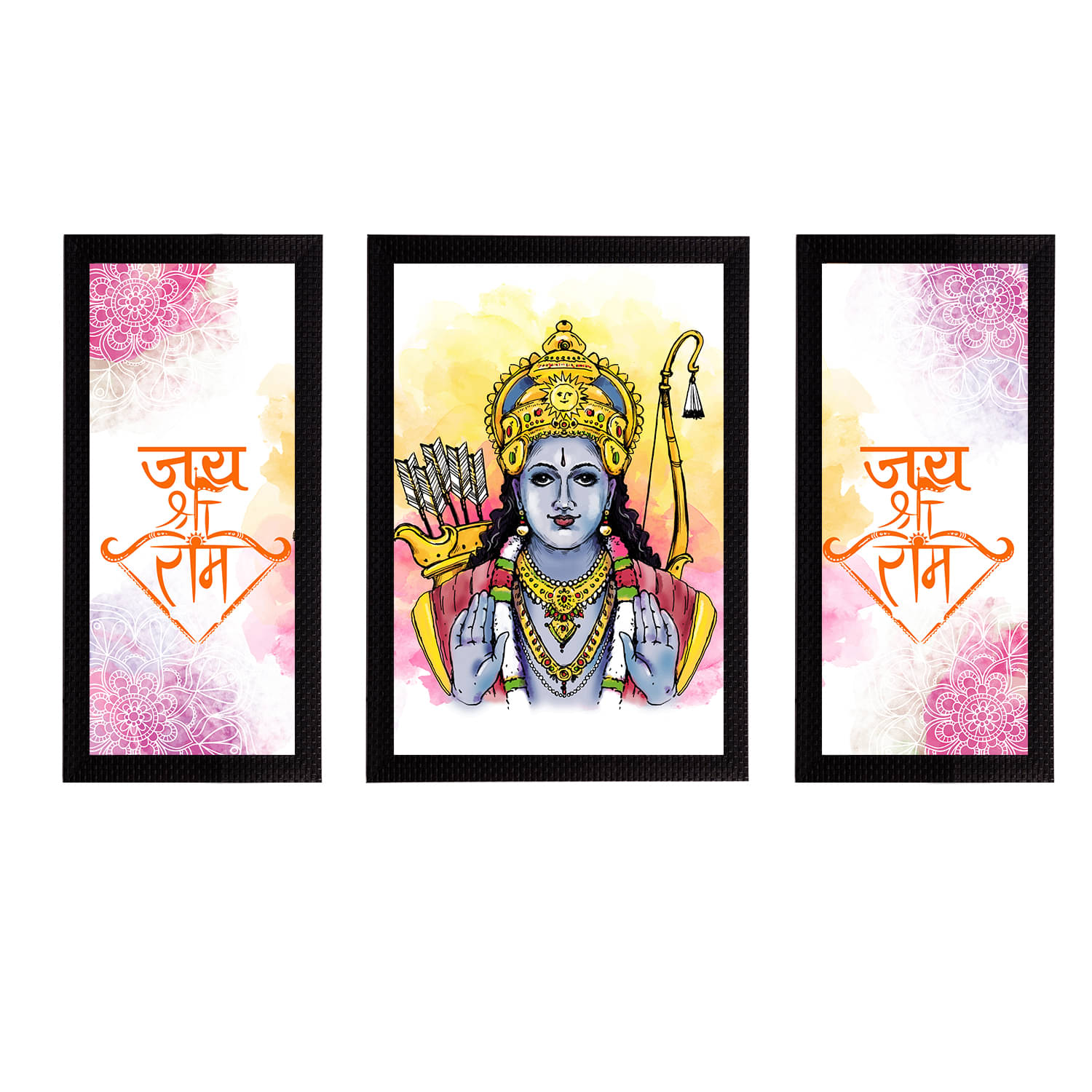     			eCraftIndia Set of 3 Blue & Pink Lord Ram Satin Matt Textured UV Art Painting