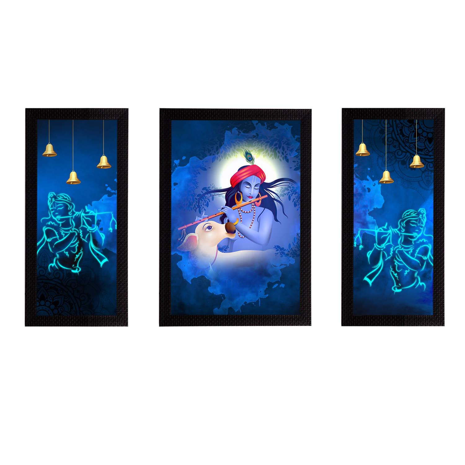     			eCraftIndia Set of 3 Blue & White Satin Matt Texture Lord Krishna UV Wall Arts
