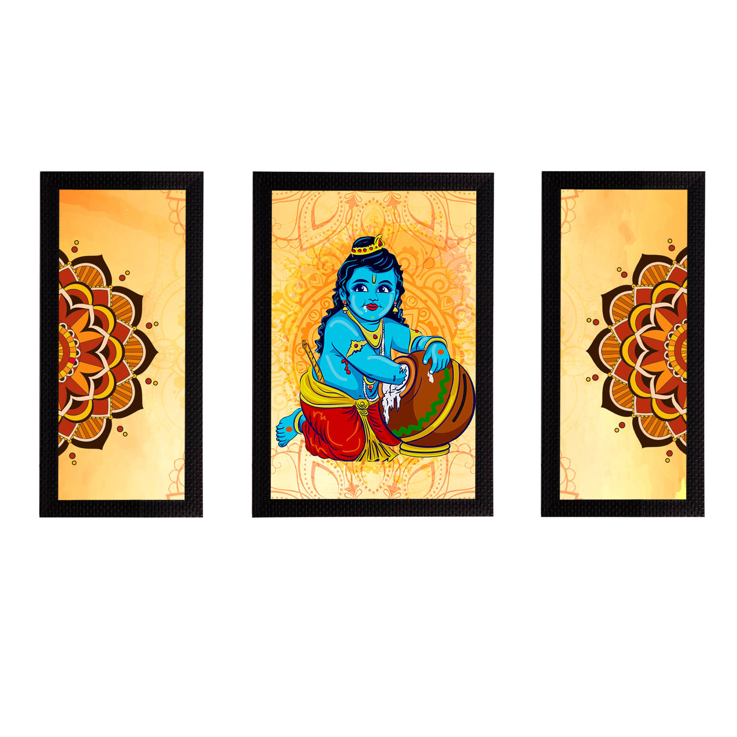     			eCraftIndia Set of 3 Orange & Blue Lord Krishna Satin Matt Textured UV Wall Arts