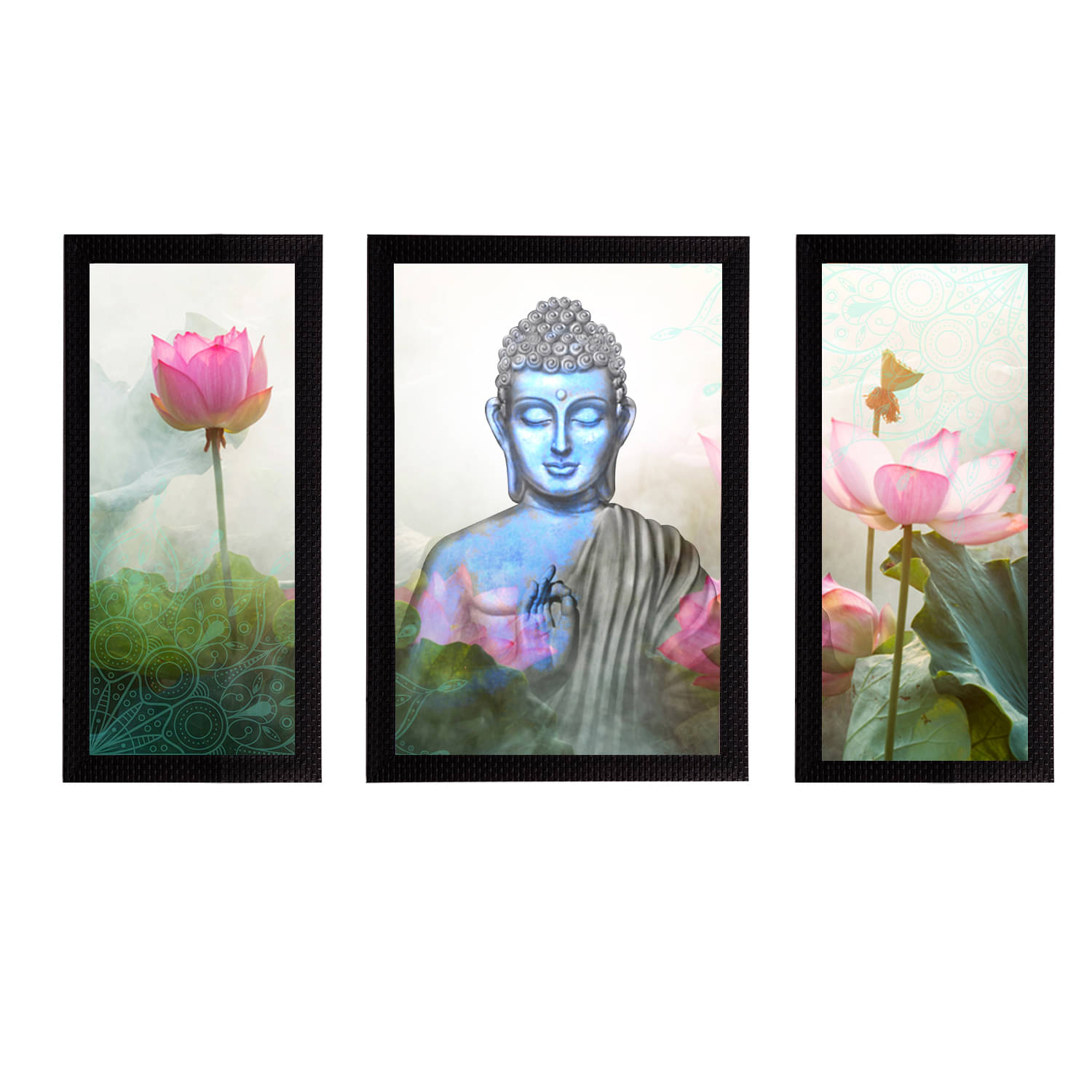     			eCraftIndia Set of 3 Blue & Green Meditating Lord Buddha Satin Matt Textured UV Wall Paintings