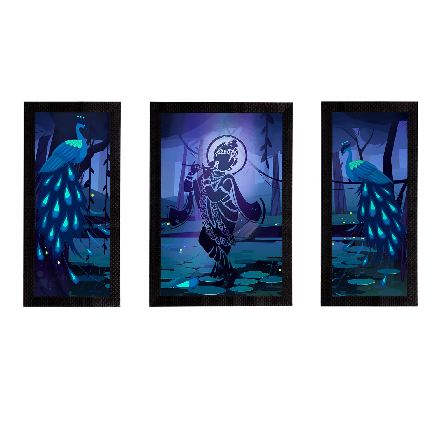     			eCraftIndia Set of 3 Blue & Black Lord Krishna Satin Matt Textured UV Wall Arts