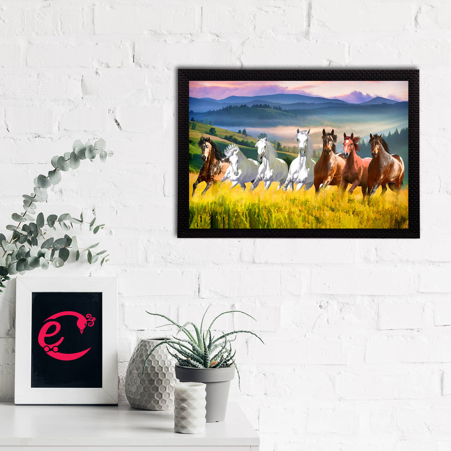     			eCraftIndia Blue & Brown 7 Lucky Running Horses Satin Matt Textured UV Art Painting