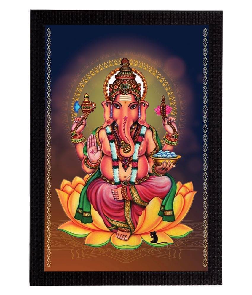     			eCraftIndia Blue & Orange Lord Ganesha Satin Matt Texture Framed UV Wall Art Painting