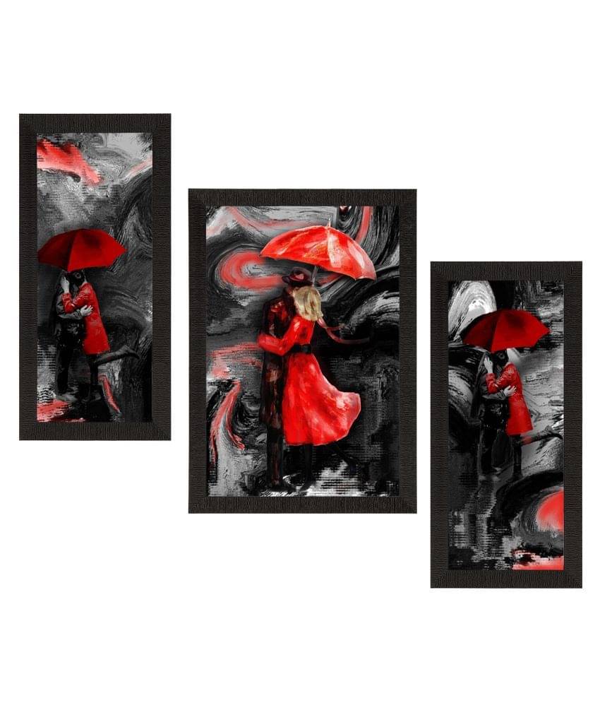     			eCraftIndia Red & Black Set of 3 Loving Couple Under Umbrella Valentine UV Art Painting