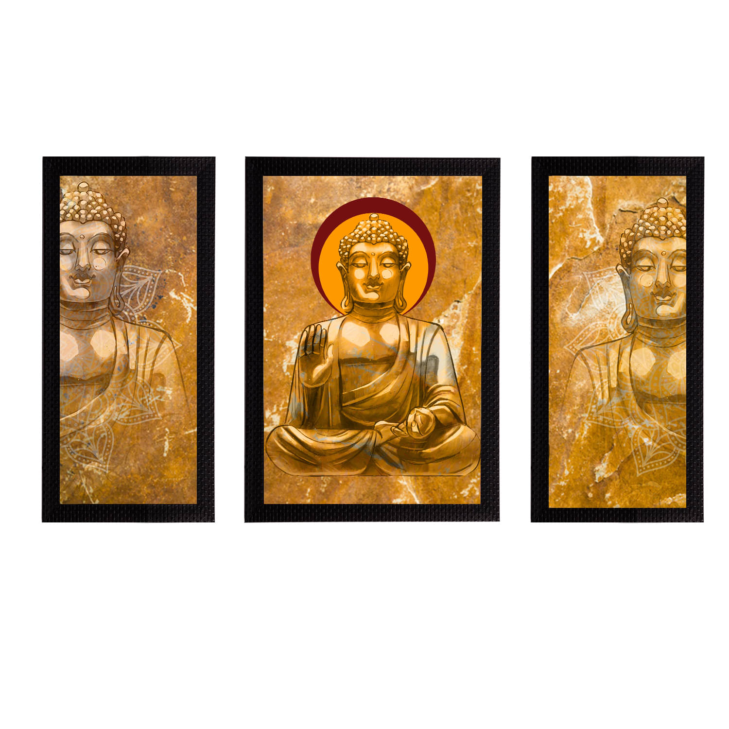 eCraftIndia Set of 3 Gold-Toned Meditating Lord Buddha Satin Matt Textured UV Wall Paintings eCraftIndia Set of 3 Gold-Toned Meditating Lord Buddha Satin Matt Textured UV Wall Paintings