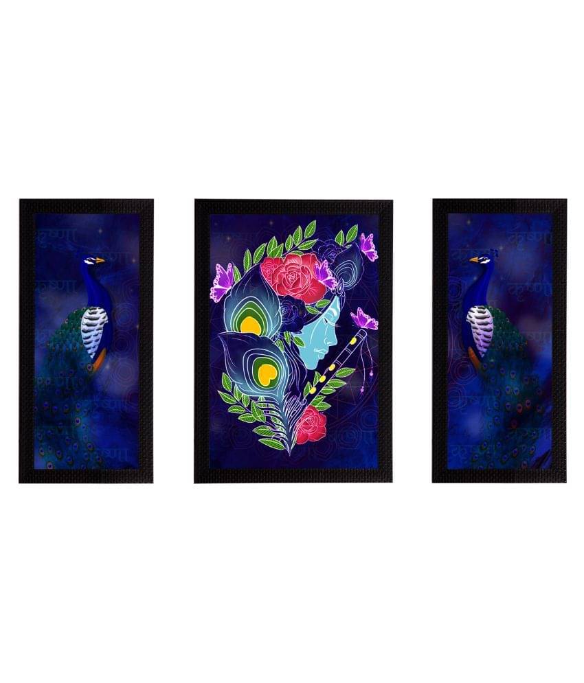     			eCraftIndia Set of 3 Blue Lord Krishna Satin Matt Texture UV Art Paintings