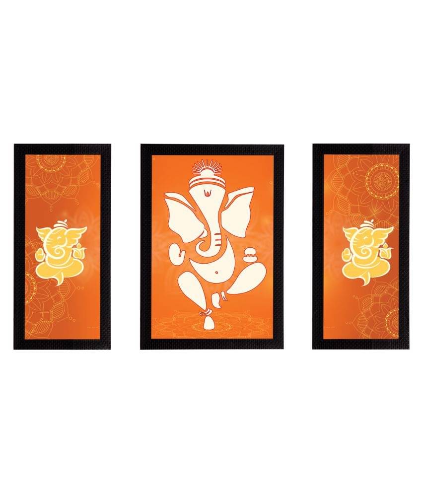     			eCraftIndia Set of 3 Orange & Off-White Lord Ganesha Satin Matt Textured UV Wall Arts