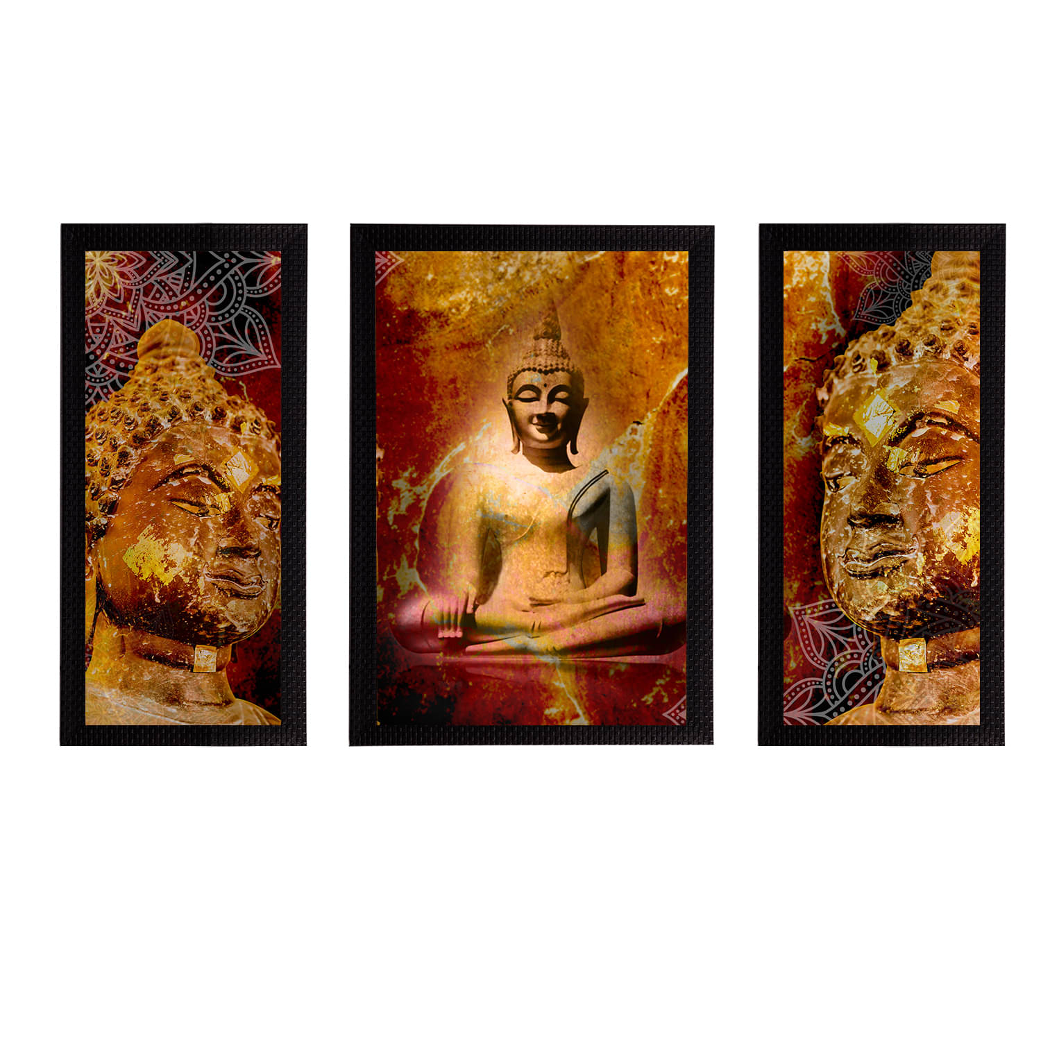 eCraftIndia Set of 3 Brown & Maroon Meditating Lord Buddha Satin Matt Textured UV Wall Paintings     			eCraftIndia Set of 3 Brown & Maroon Meditating Lord Buddha Satin Matt Textured UV Wall Paintings
