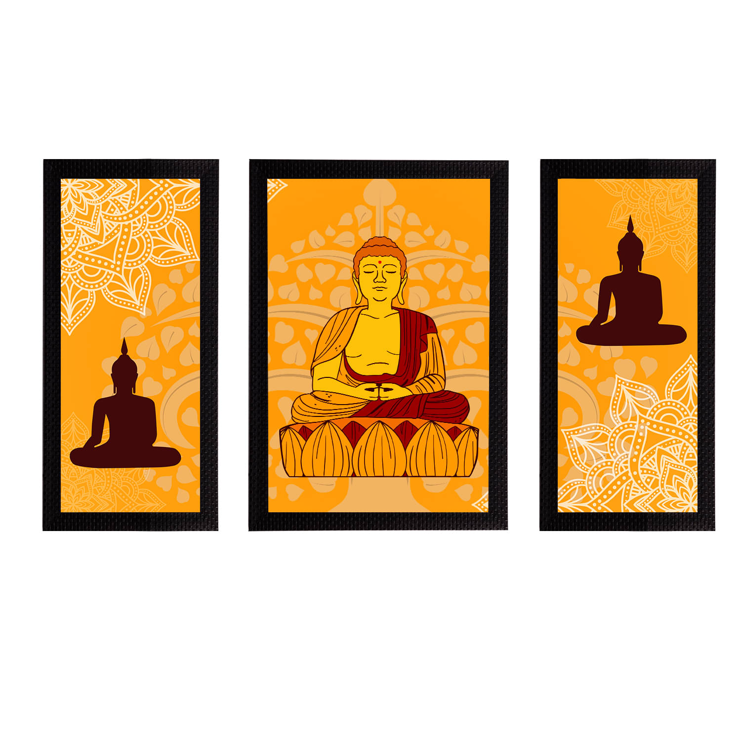     			eCraftIndia Set of 3 Orange & Maroon Meditating Lord Buddha Satin Matt Textured UV Art Paintings