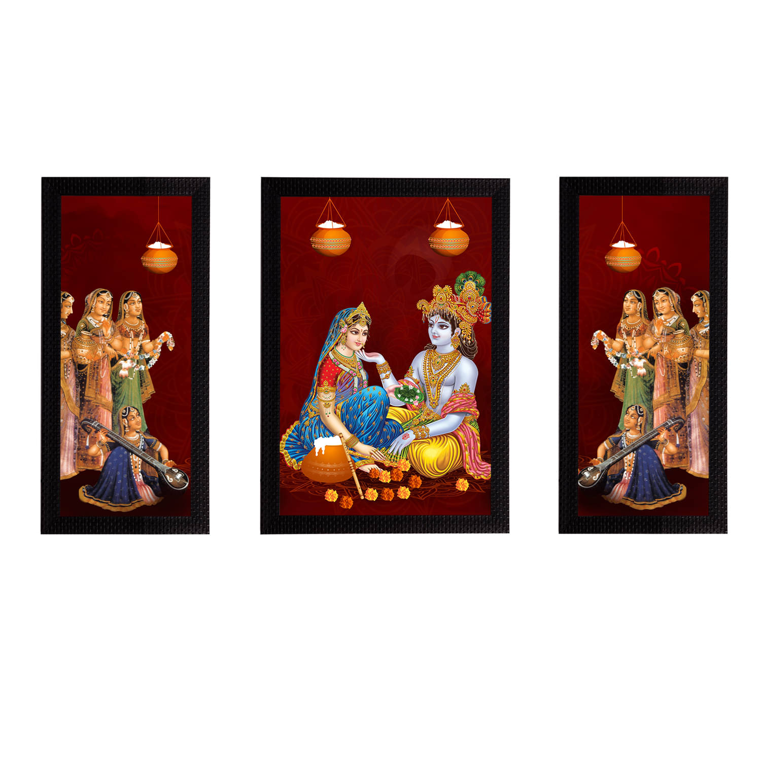     			eCraftIndia Set of 3 Multicolored Radha Krishna Satin Matt Texture UV Wall Arts