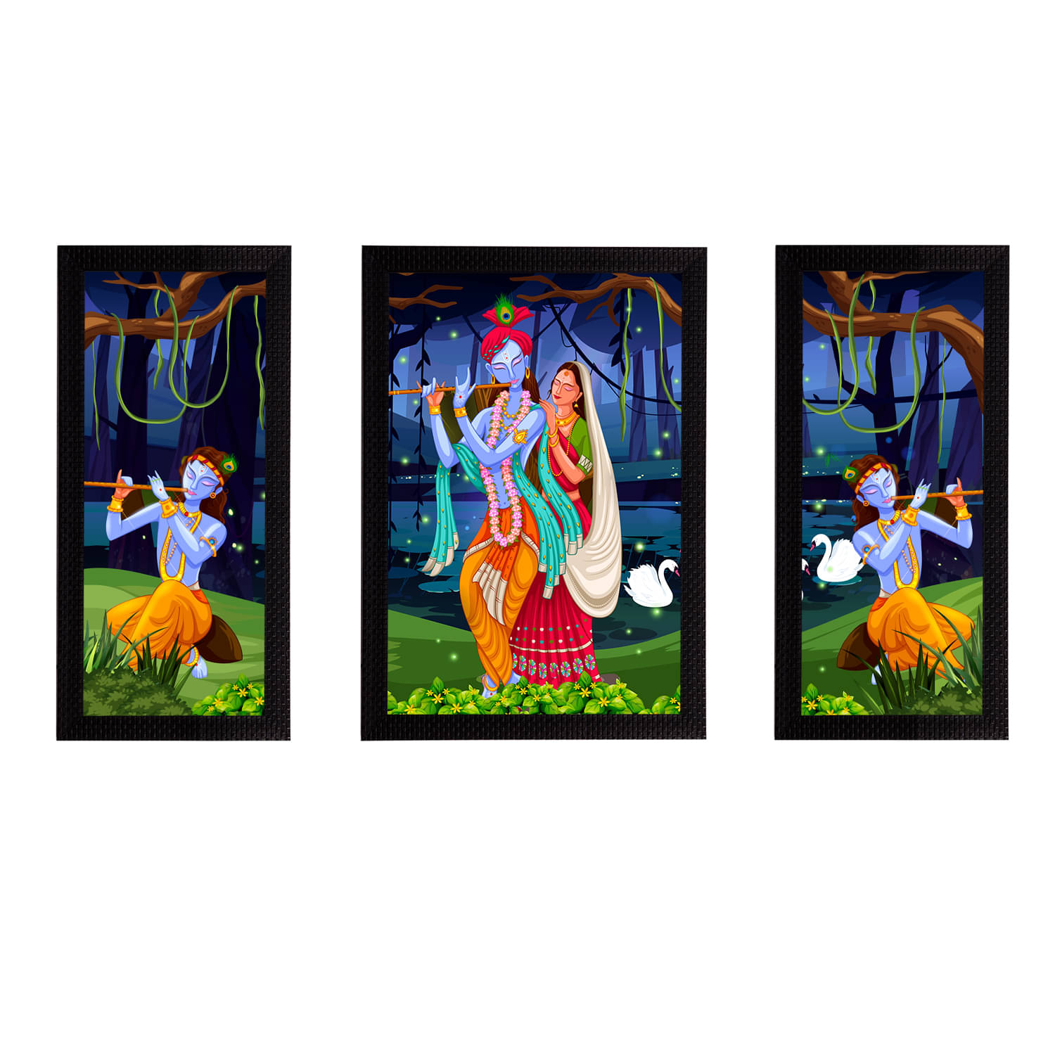     			eCraftIndia Set of 3 Blue & Green Radha Krishna Satin Matt Texture UV Art Wall Painting