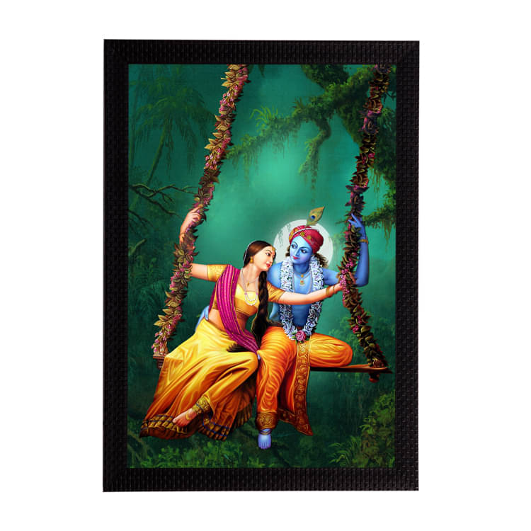     			eCraftIndia Green & Yellow Radha Krishna On Swing Satin Matt Texture UV Wall Art