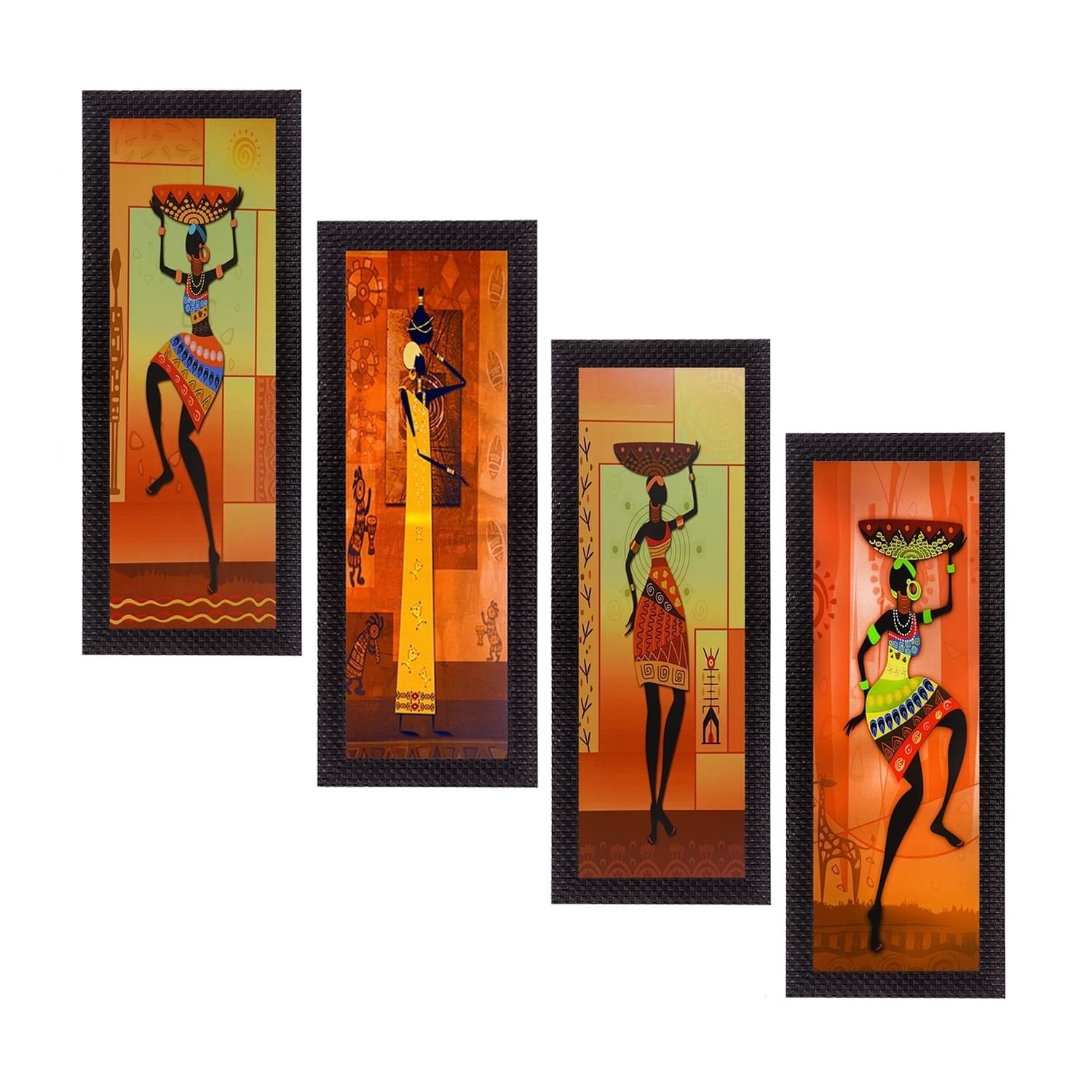     			eCraftIndia Set of 4 Yellow & Orange Tribal Satin Matt Texture UV Wall Art