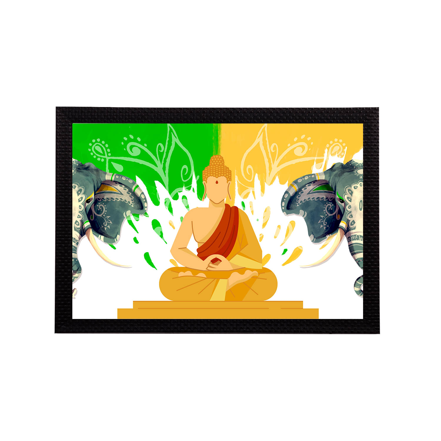     			eCraftIndia Mustard Yellow & Green Meditating Lord Buddha Satin Matt Textured UV Wall Art