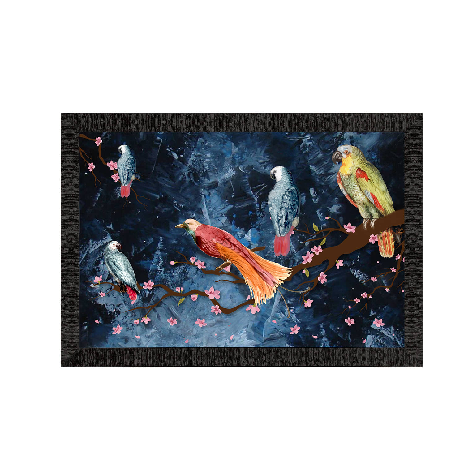 eCraftIndia Navy Blue & Green Colorful Birds Sitting On Tree Branch Satin Matt Texture UV Wall Art eCraftIndia Navy Blue & Green Colorful Birds Sitting On Tree Branch Satin Matt Texture UV Wall Art