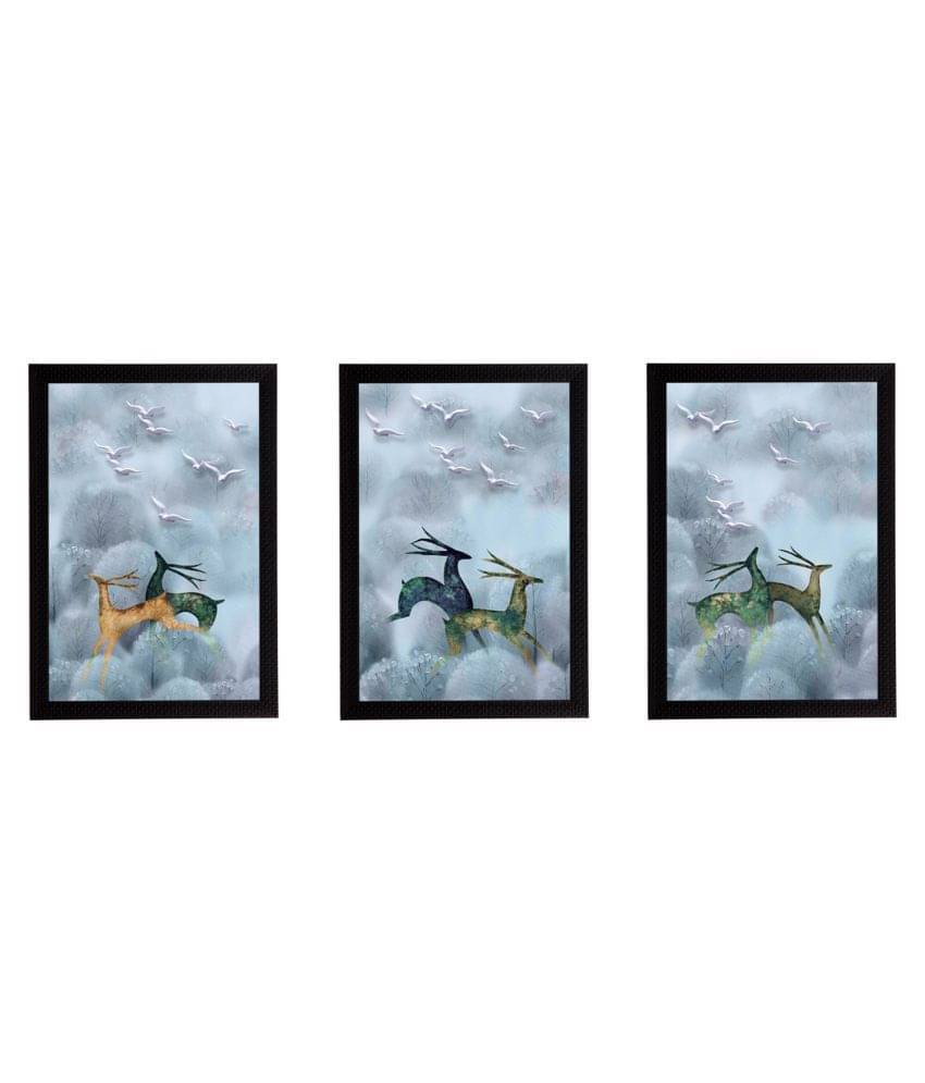     			eCraftIndia Set of 3 Running Deer Satin Matt Texture UV Art Painting