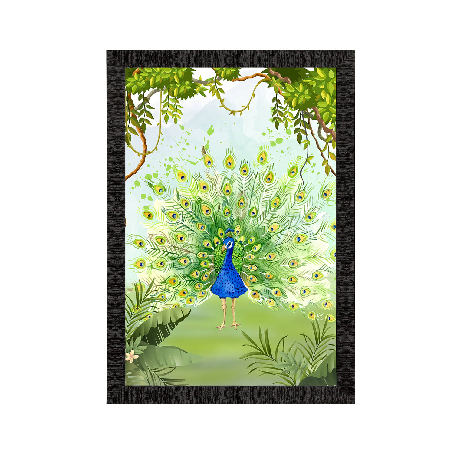     			eCraftIndia Green & Yellow Dancing Peacock Satin Matte Texture UV Wall Painting