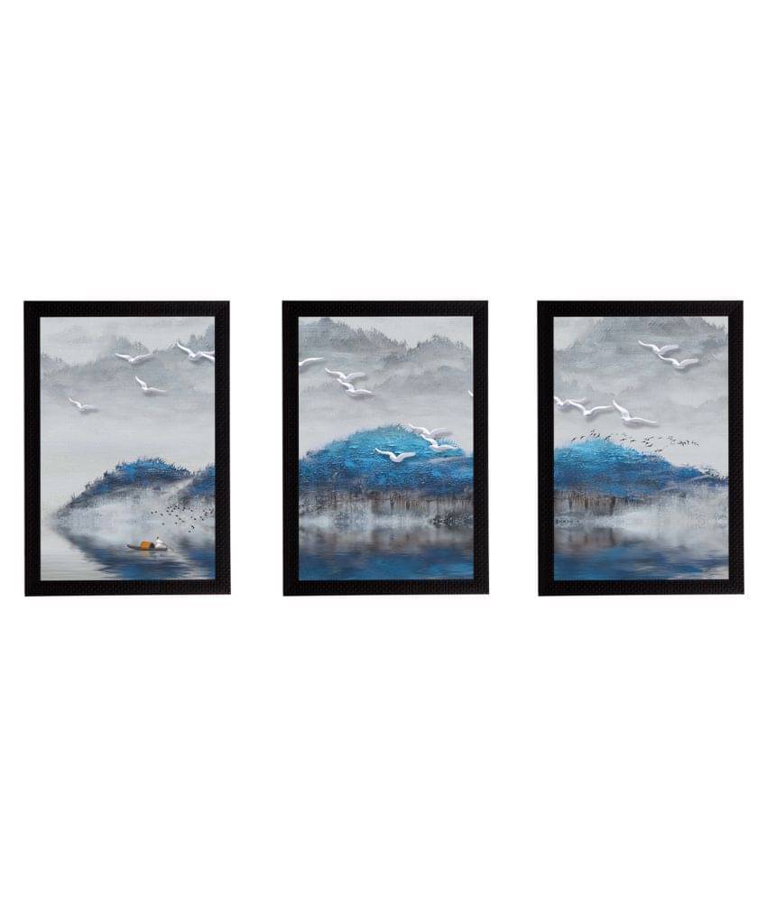     			eCraftIndia Set of 3 Blue Trees and Birds Satin Matt Texture UV Art Painting