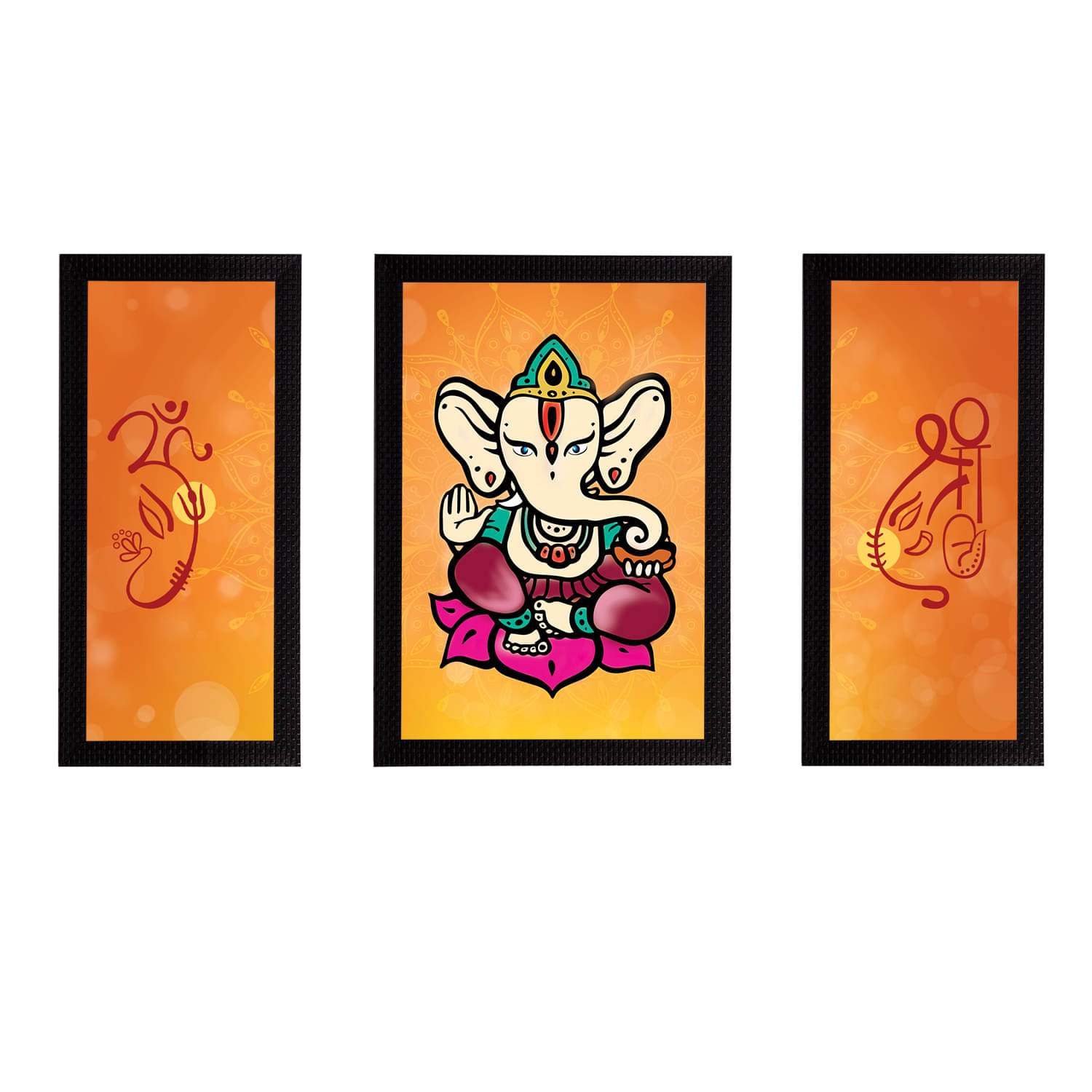     			eCraftIndia Set of 3 Orange & Black Lord Ganesha Satin Matt Texture UV Wall Arts