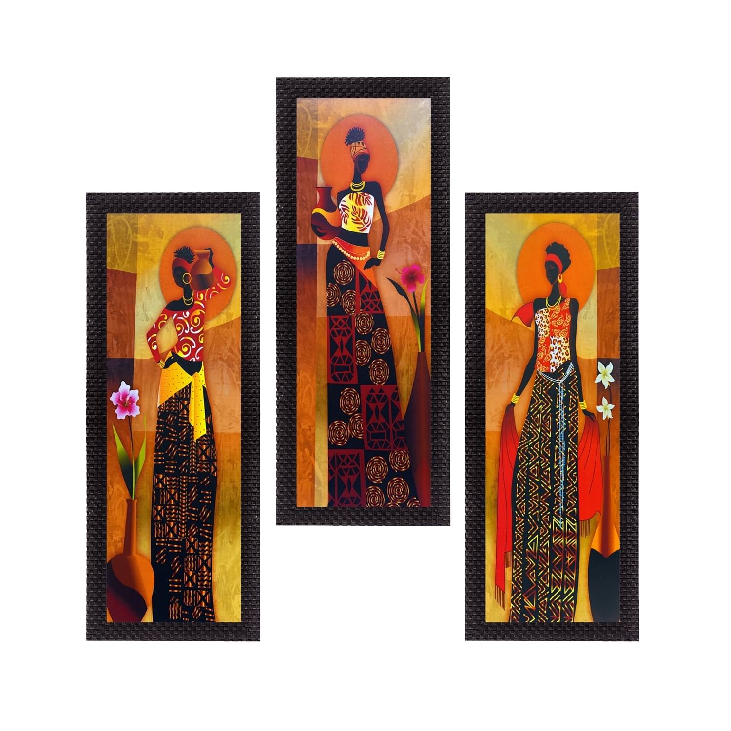    			eCraftIndia Set of 3 Orange & Black Tribal Lady Satin Matt Texture UV Wall Art